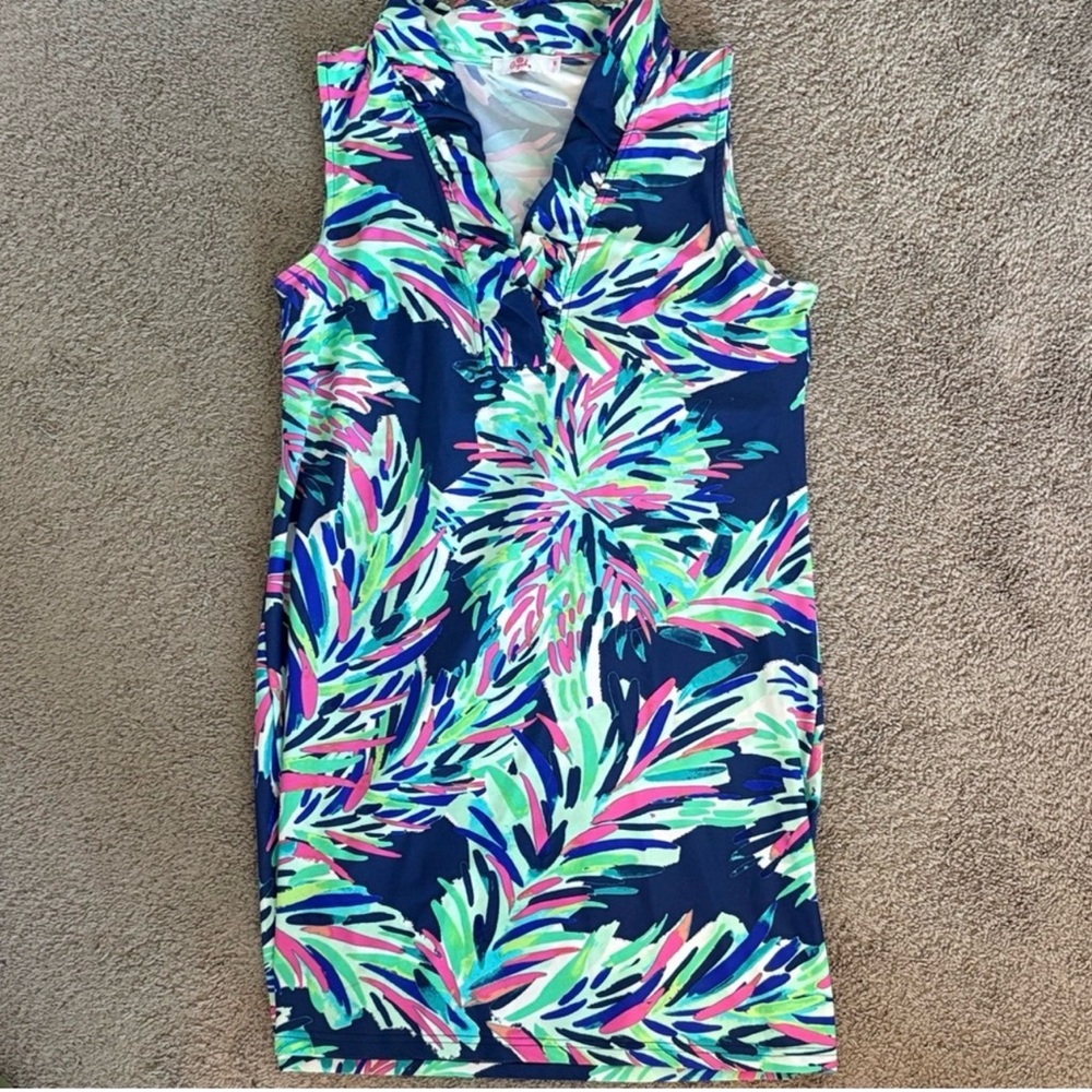 Aryeh Navy Sleeveless Tropical Print Ruffle Neck Dress